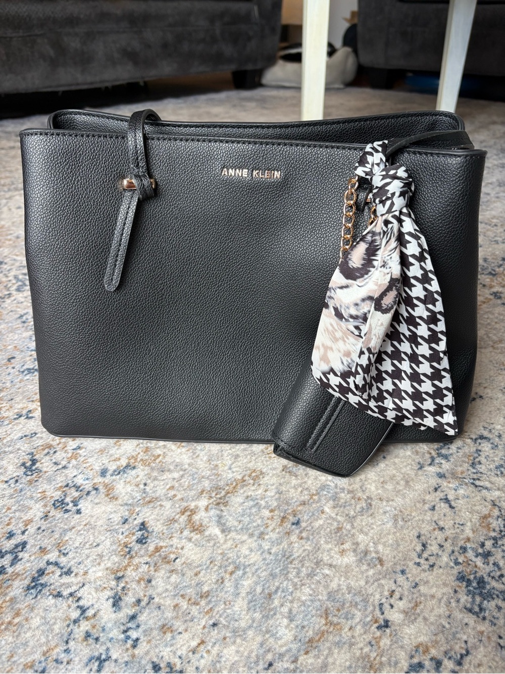 Anne Klein Black Pebbled Tote with Patterned Scarf Accent